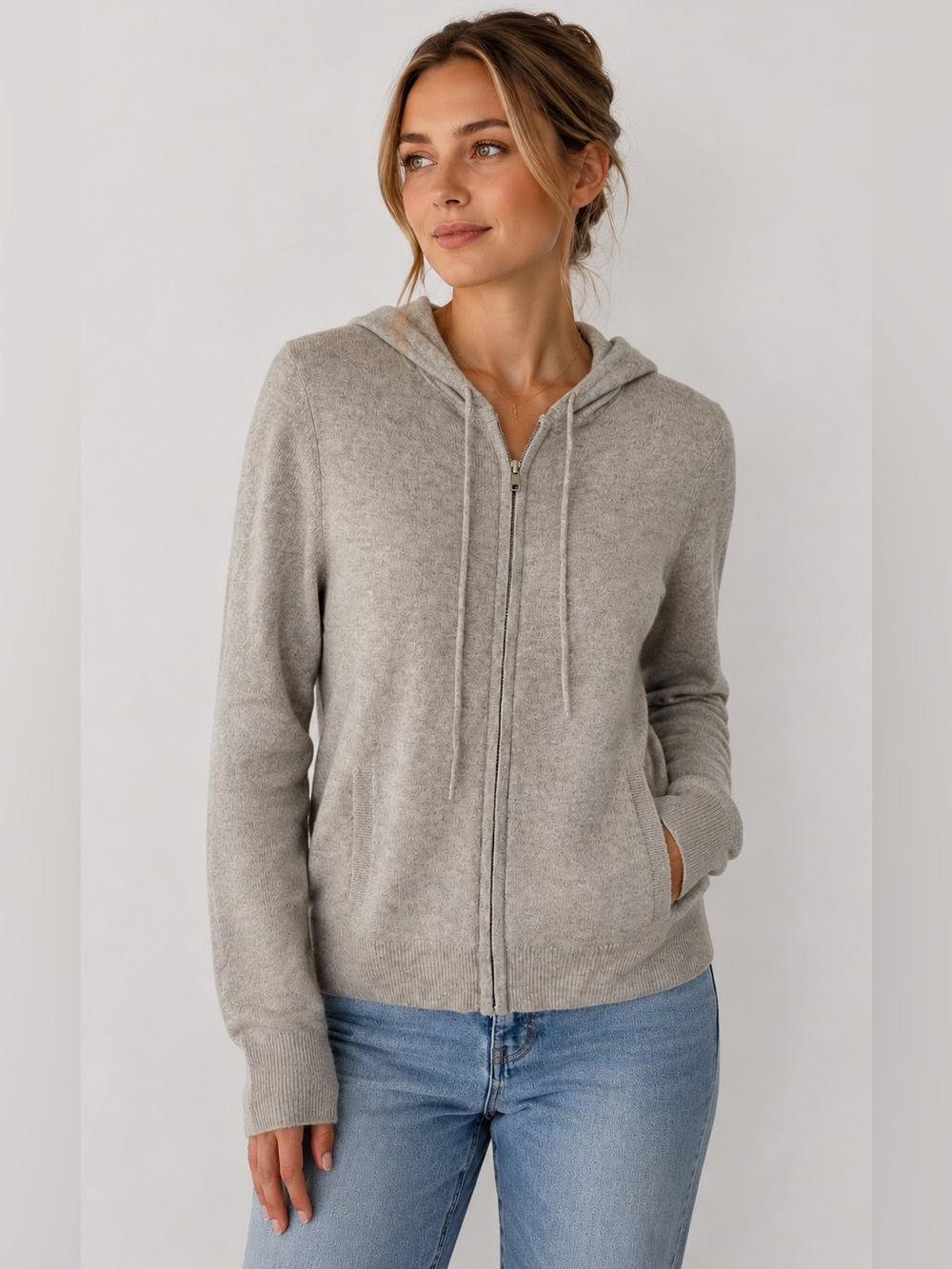White + Warren Cashmere Zip Up Hoodie Sweater Jacket Gray Beige Medium $395